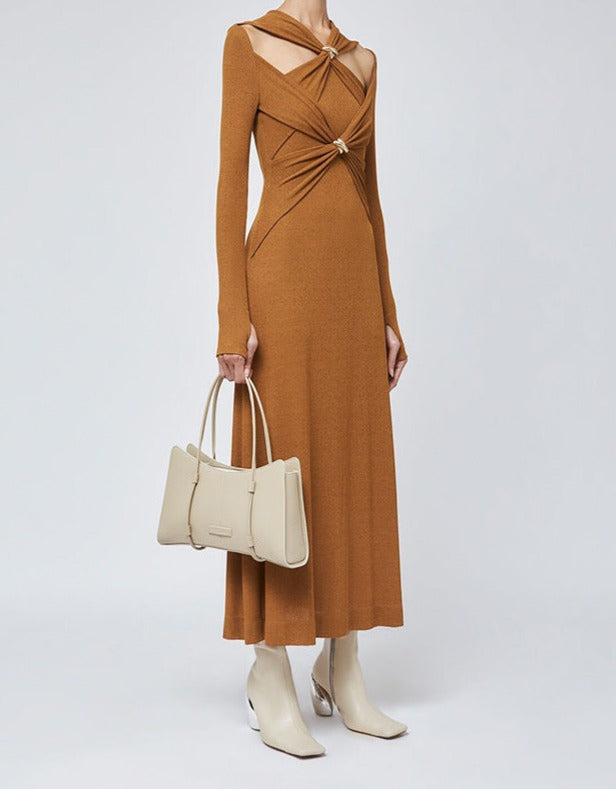 cut-out long-sleeve maxi dress with gold accents – Edythe