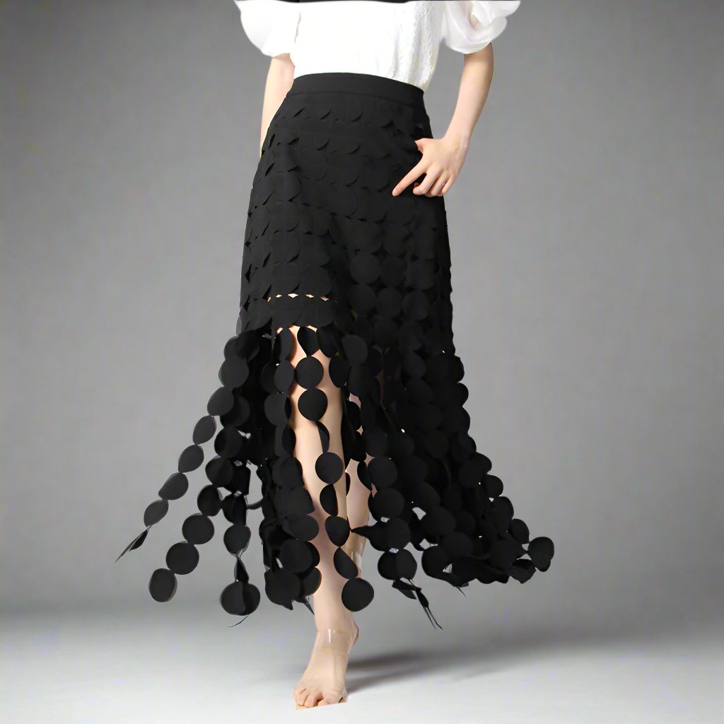 high-waist circle-cut skirt with cascading appliqué - Teisha