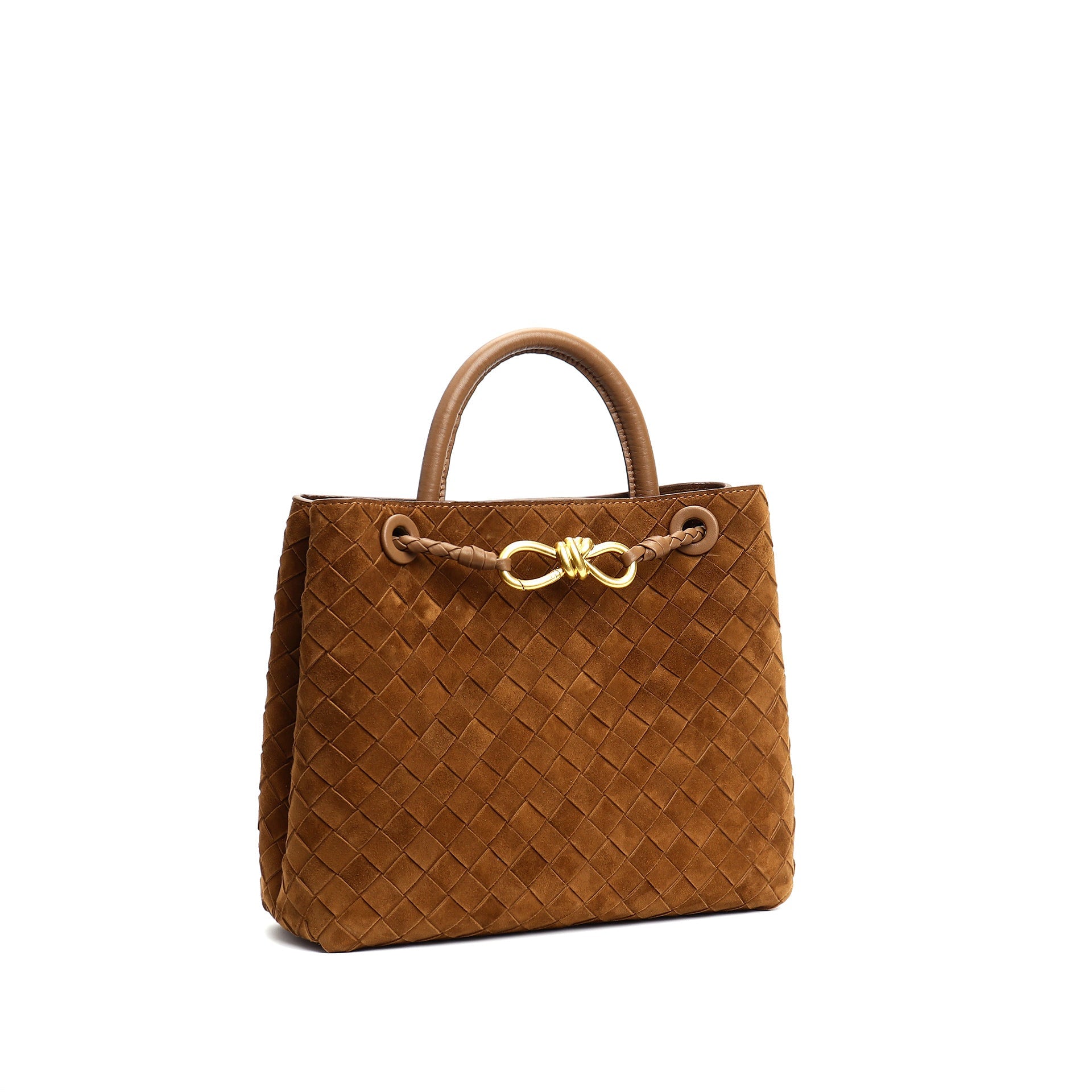 structured woven suede tote with golden knot clasp - DOZRA