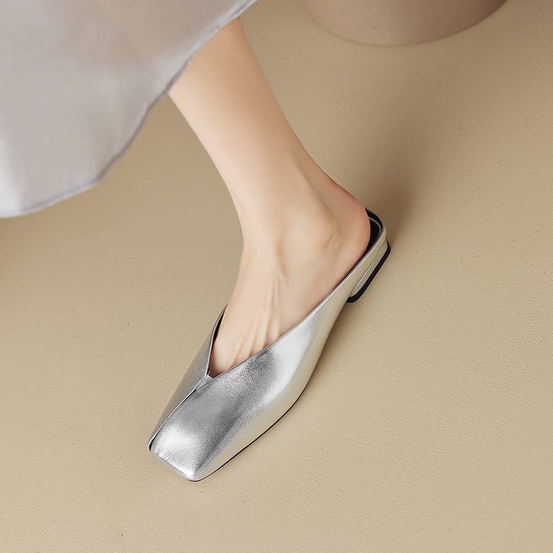 metallic leather mule flats with square toe – LUMINA