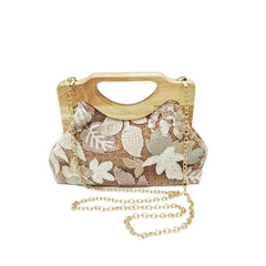 Embroidered floral clutch with wooden handle - Ortuli