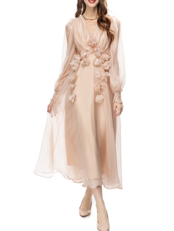 chiffon midi dress with 3D floral appliqué – Eelinwe