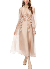 organza midi dress with 3D floral appliqués – Bahira