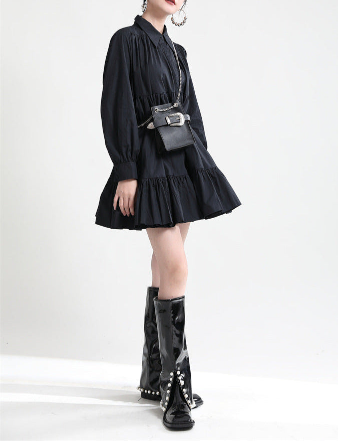 long-sleeve ruffle mini dress with shirt collar - REINAX