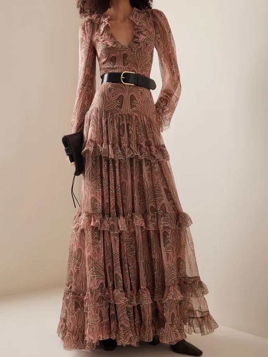 Printed ruffle-tier gown with belt – Gentiana