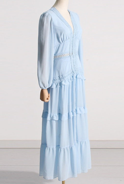 Tiered chiffon gown with crochet trim – Gennyfer