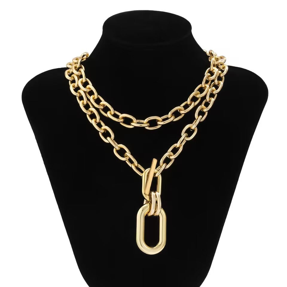 Chunky layered chain necklace with oversized pendant link - Netra
