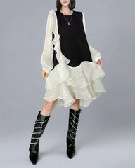 Ruffled asymmetrical dress with contrast sleeves - Nilku