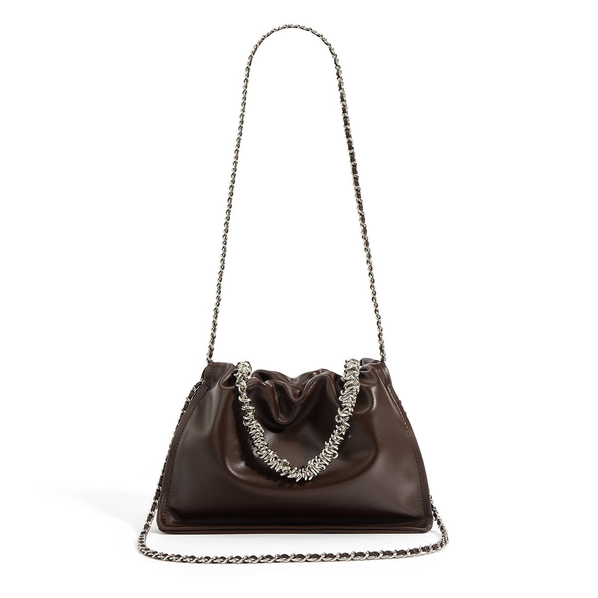 ruched leather bag with silver chain – MOCHA