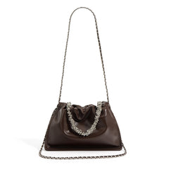 ruched leather bag with silver chain – MOCHA