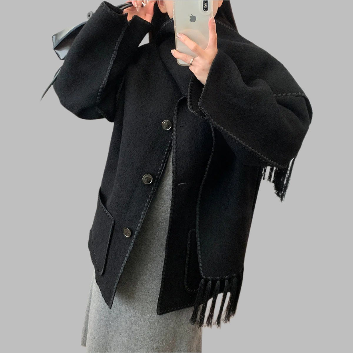 fringed cape jacket with contrast trim – Teghan