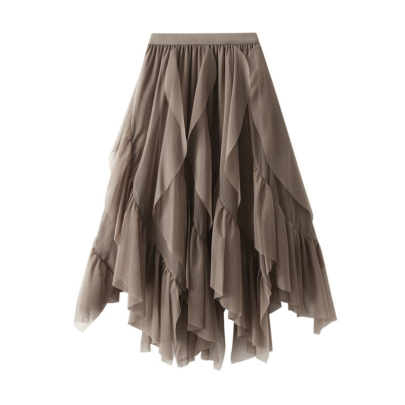 Asymmetrical ruffled mesh skirt with waterfall layers – Apilu