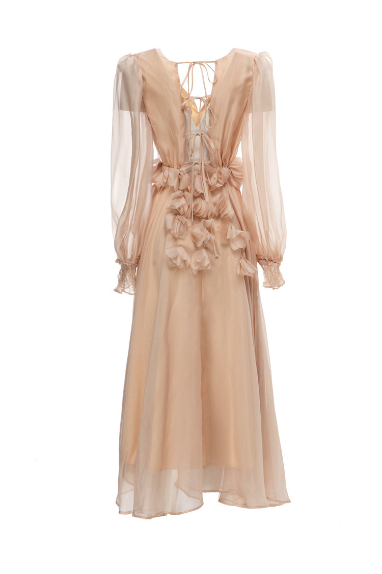 chiffon midi dress with 3D floral appliqué – Eelinwe