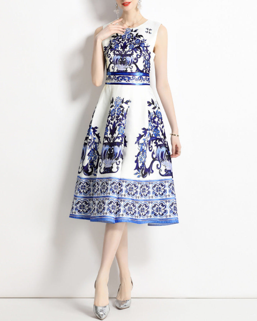 Sleeveless A-line dress with ornate vase print - CELMA