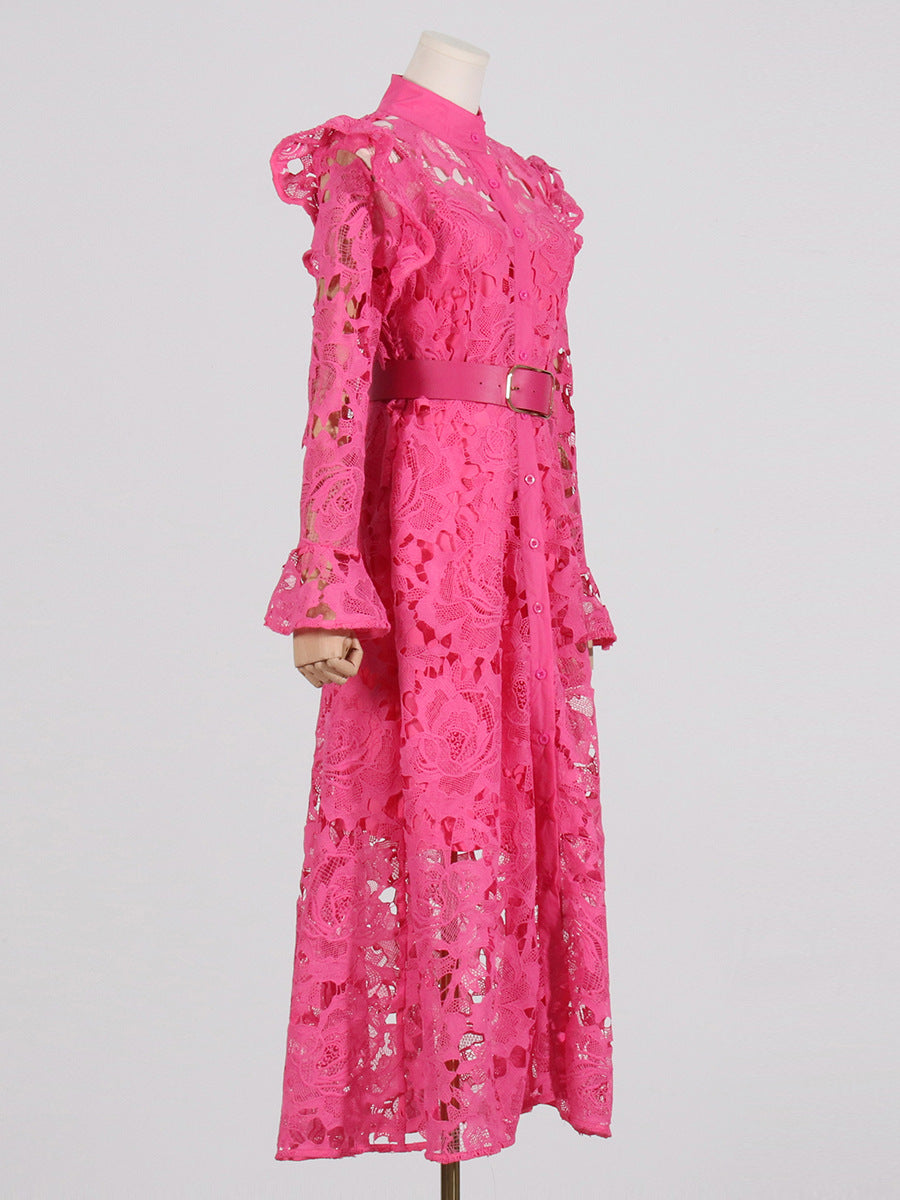 long-sleeve lace midi dress with belt – Tesoro
