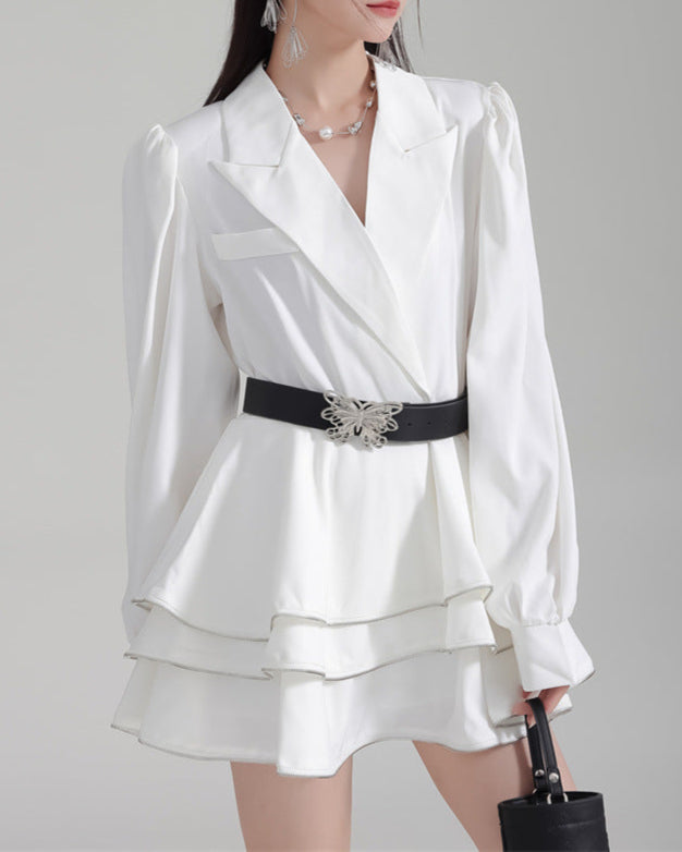 Shirt suit with multi-layered short skirt -
