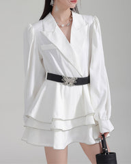 Shirt suit with multi-layered short skirt -