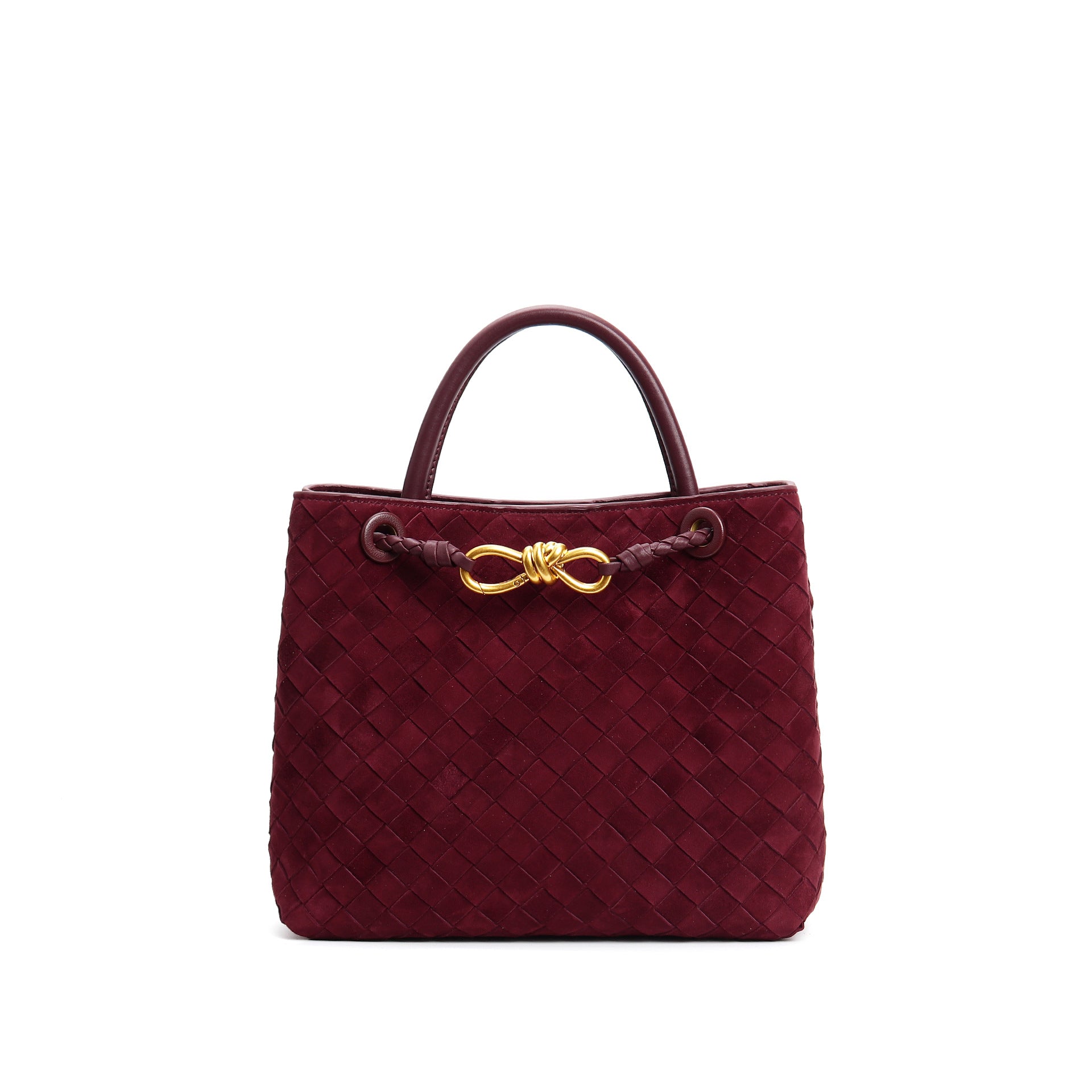 structured woven suede tote with golden knot clasp - DOZRA