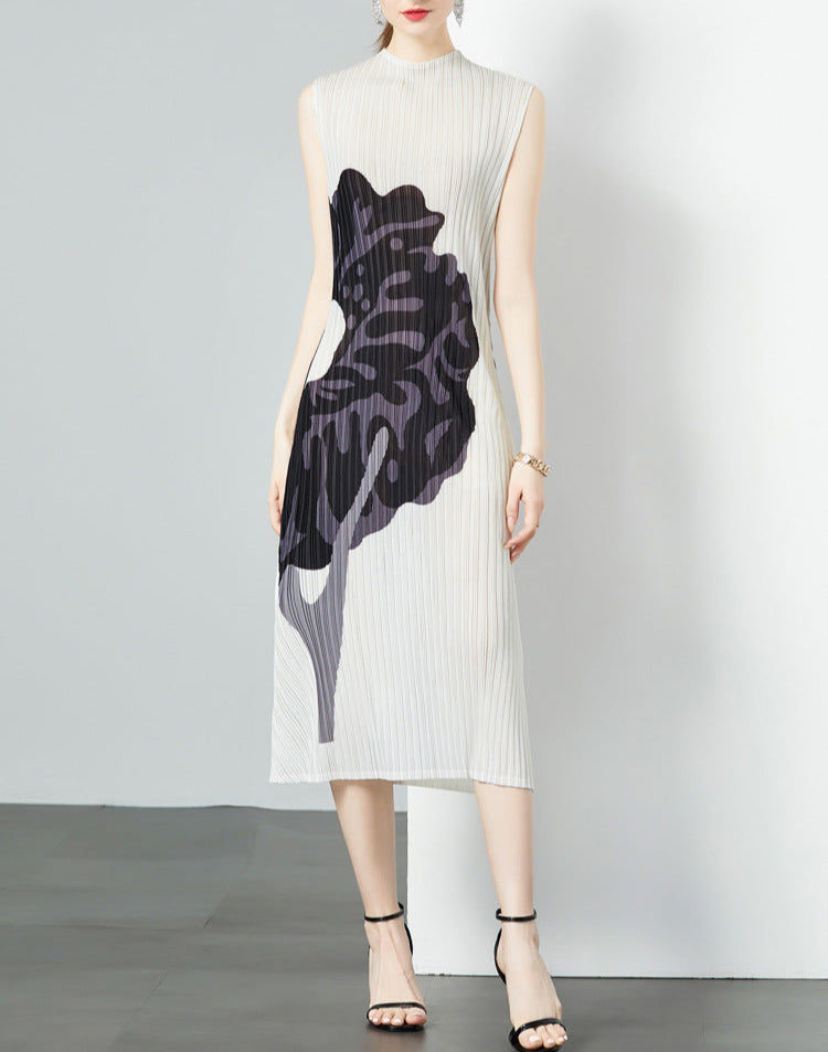 Sleeveless pleated midi dress with abstract floral print – ROSKA