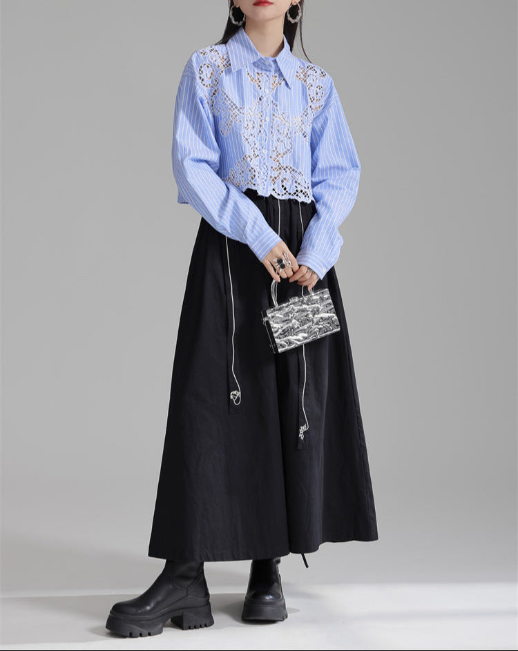 Lace-insert striped blouse with button closure - Vulga