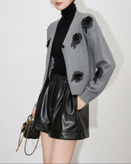 embroidered knit cardigan with floral appliqué - DINAQ