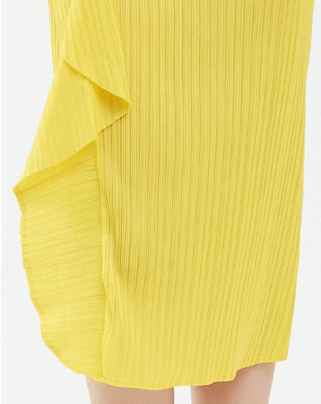 pleated midi dress with asymmetric ruffle – Ysabelle