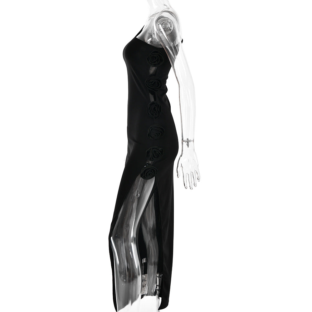 one-shoulder gown with floral side appliqué – Fahapol