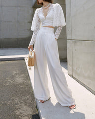 High-waisted wide-leg pants in soft white crepe – Lerlu