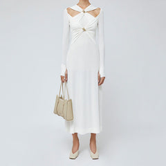 cut-out long-sleeve maxi dress with gold accents – Edythe