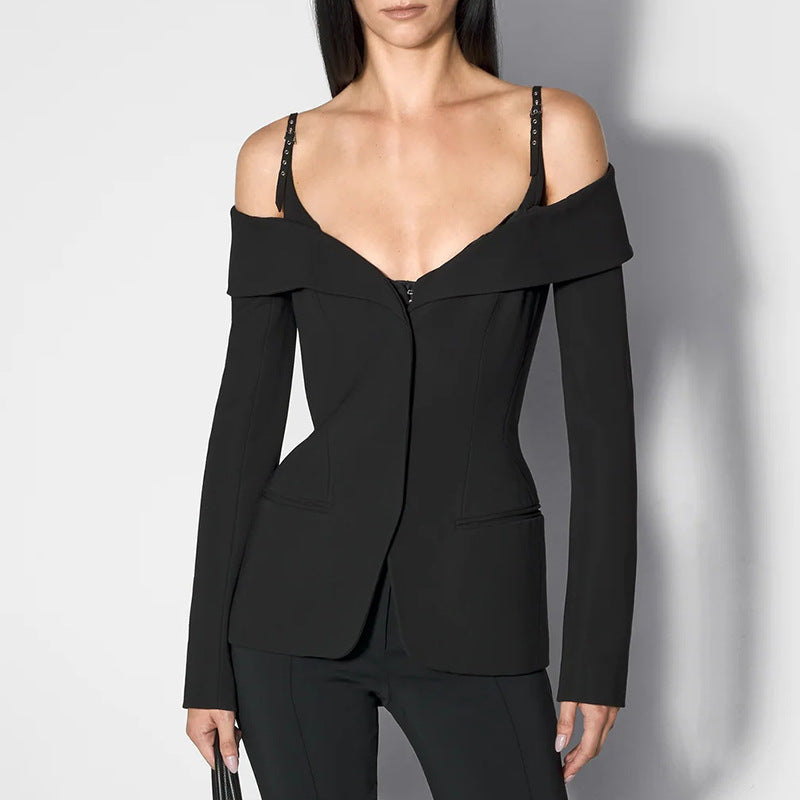 Off-shoulder tailored blazer with strap detail - Vynciru