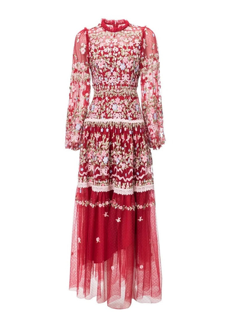 sheer embroidered tulle gown with floral motifs – Fikwesd