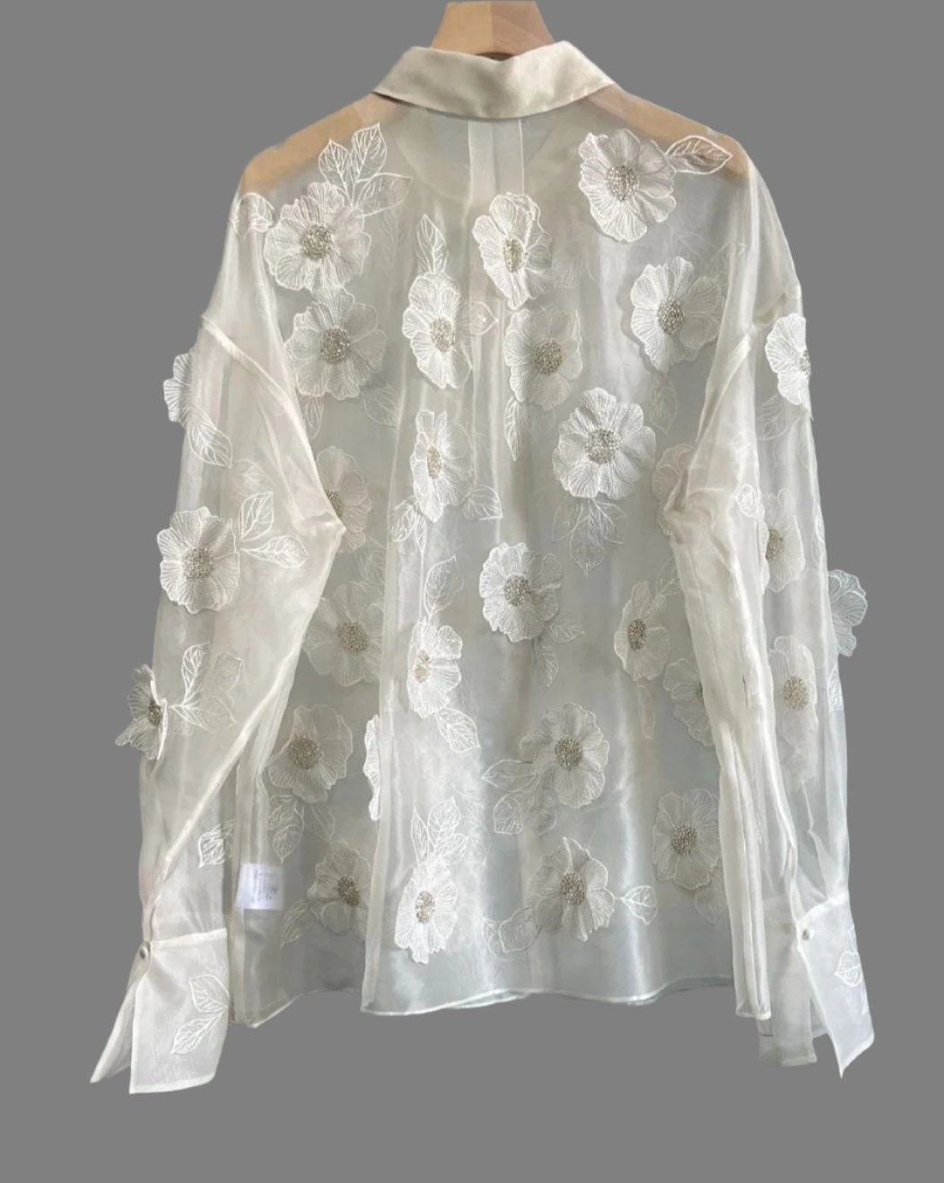 sheer organza shirt with 3D floral appliqué - Geneydr