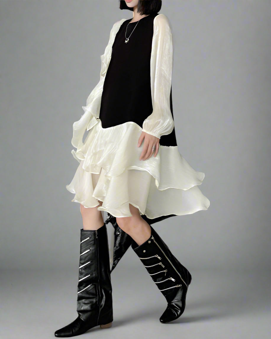 Ruffled asymmetrical dress with contrast sleeves - Nilku