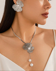 Flower petal necklace with dangling pearl accents and earrings - Furwi