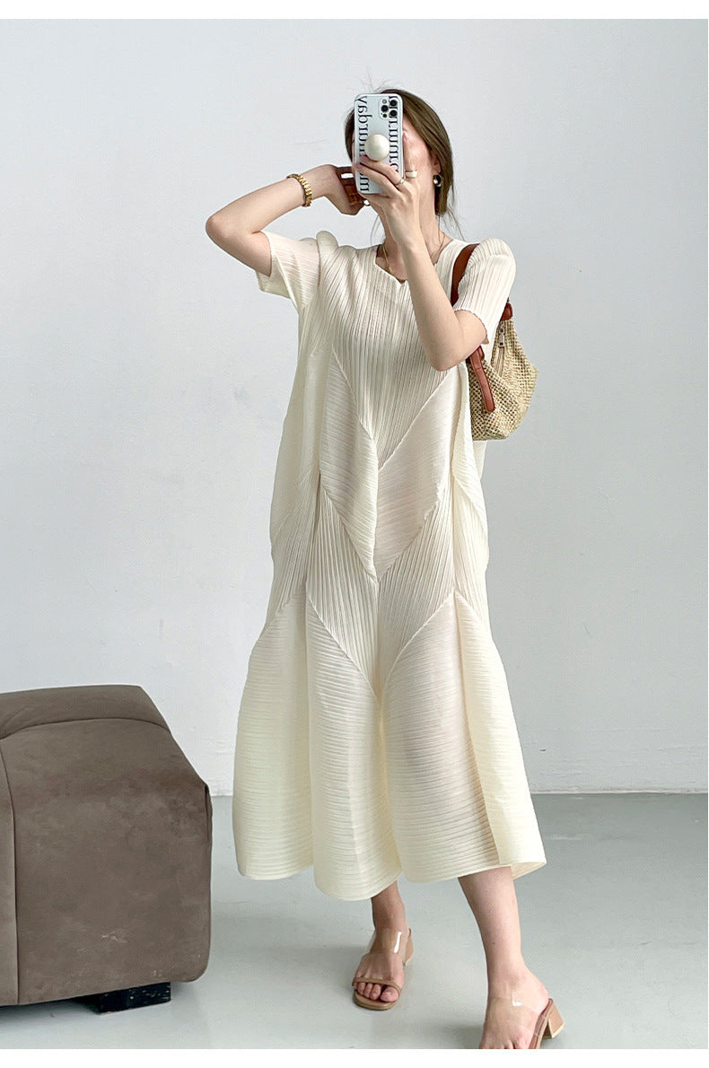 leated A-Line Midi Dress with Geometric Texture – SERENE