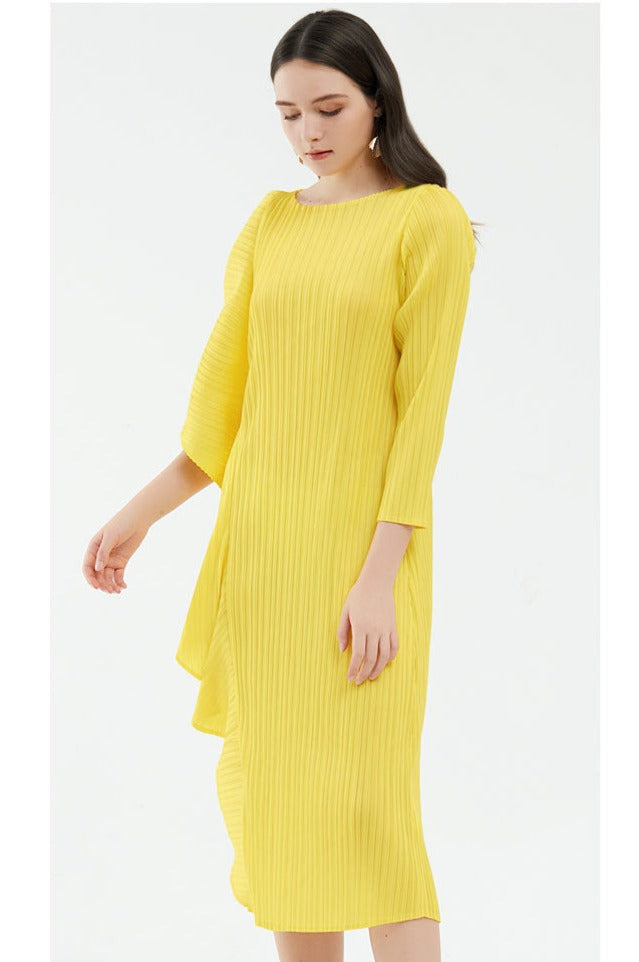 pleated midi dress with asymmetric ruffle – Ysabelle