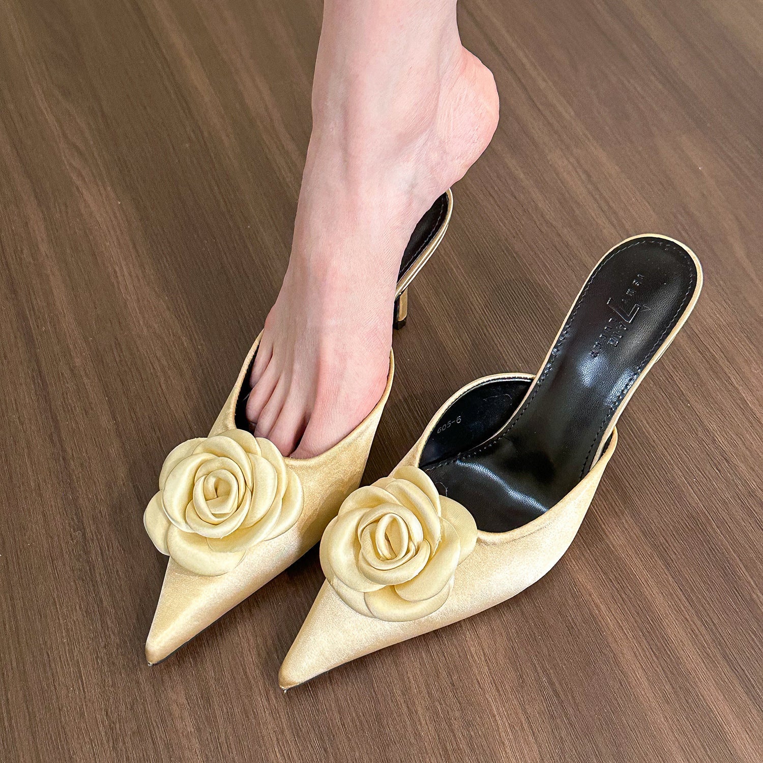 black satin mule heels with oversized rosette appliqué – ROSA