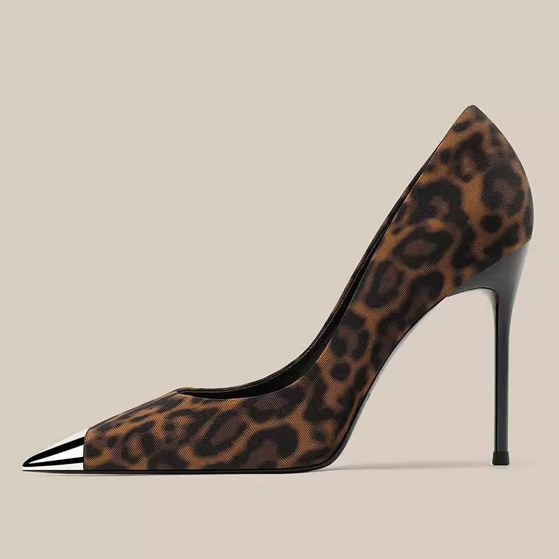 leopard print stiletto heels with metal cap toe - LUIYL