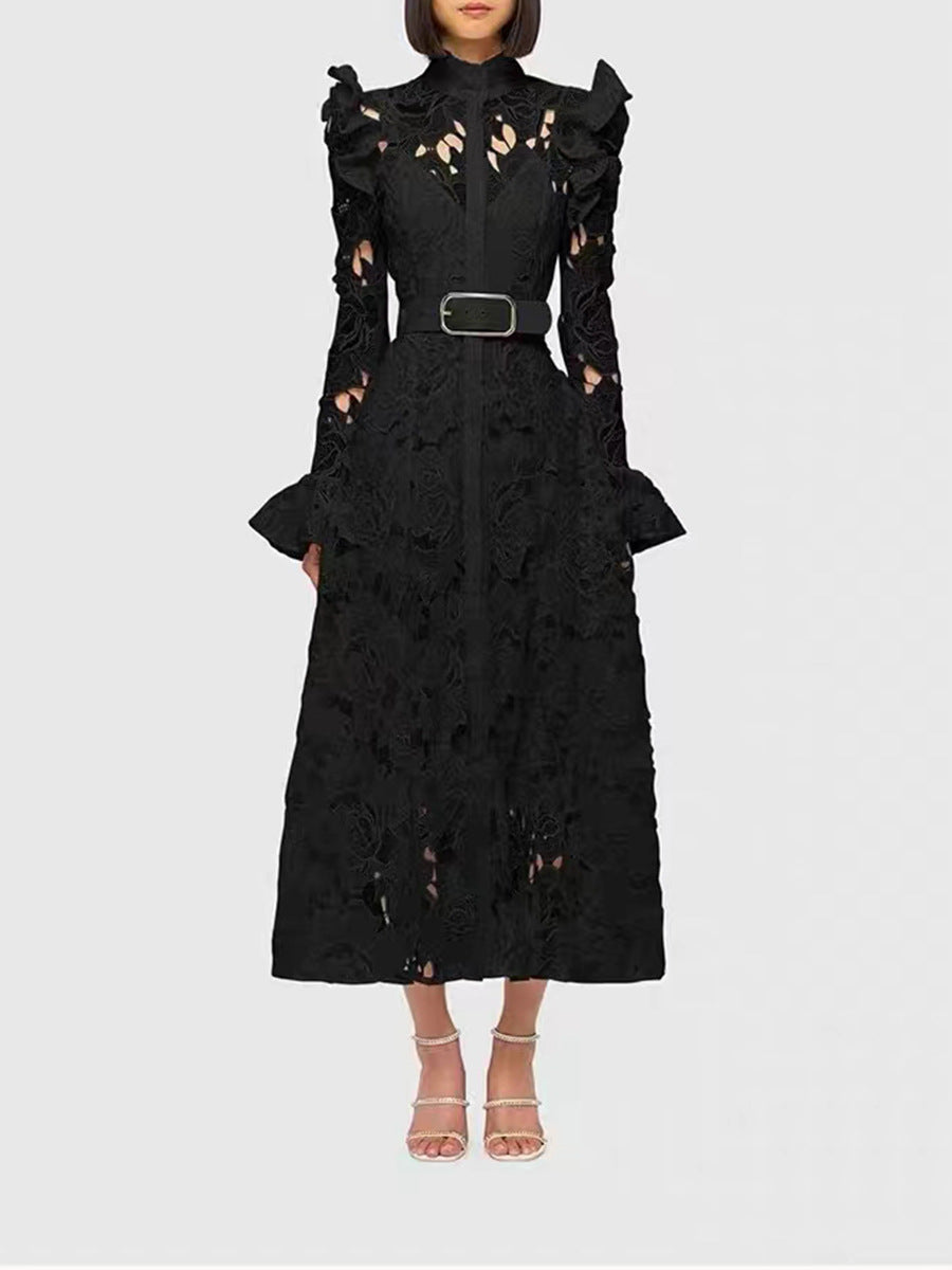 long-sleeve lace midi dress with belt – Tesoro