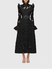 long-sleeve lace midi dress with belt – Tesoro