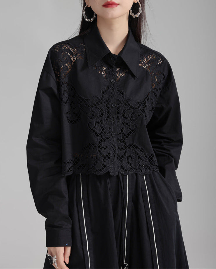 Lace-insert striped blouse with button closure - Vulga