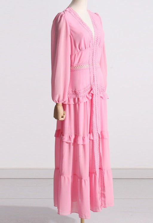 Tiered chiffon gown with crochet trim – Gennyfer