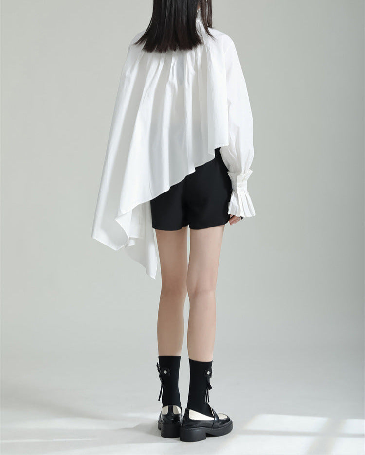 Ruffled High-Neck Shirt with Asymmetrical Hem - Nerdu
