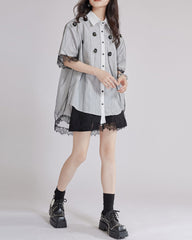 Striped button-up shirt with floral lace details - Anrity