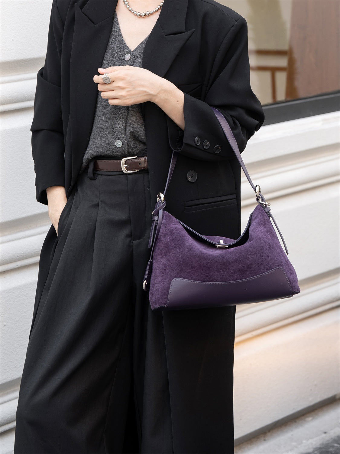 suede crescent hobo bag with leather trim – VERAL