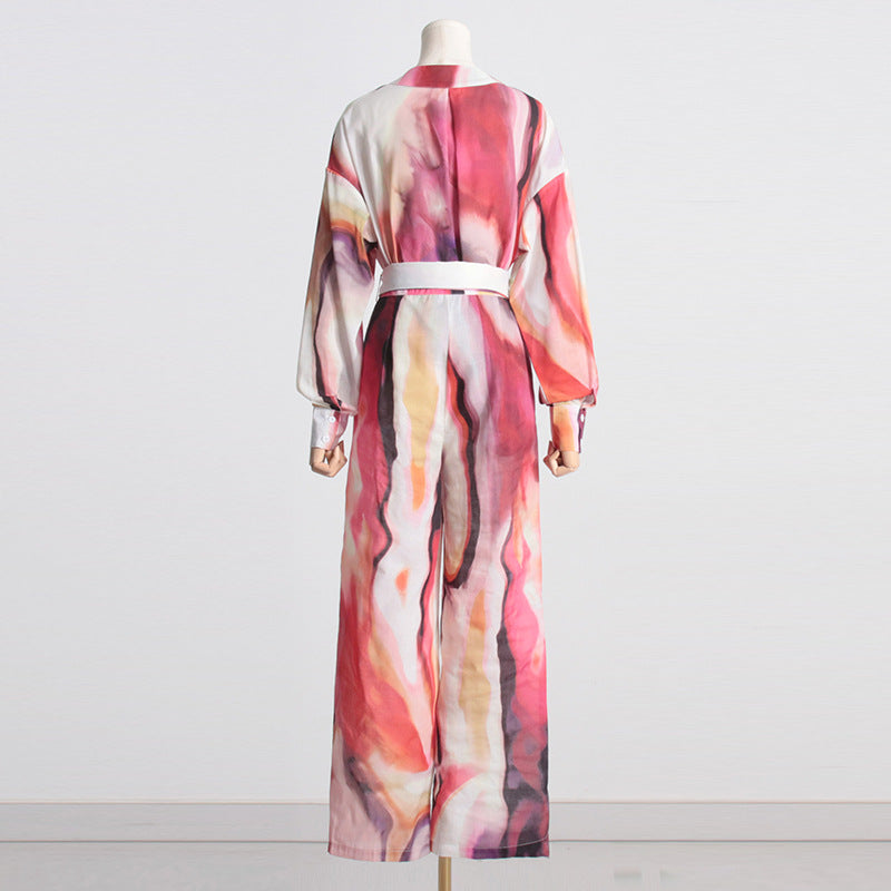 printed satin belted pantsuit - Bindy
