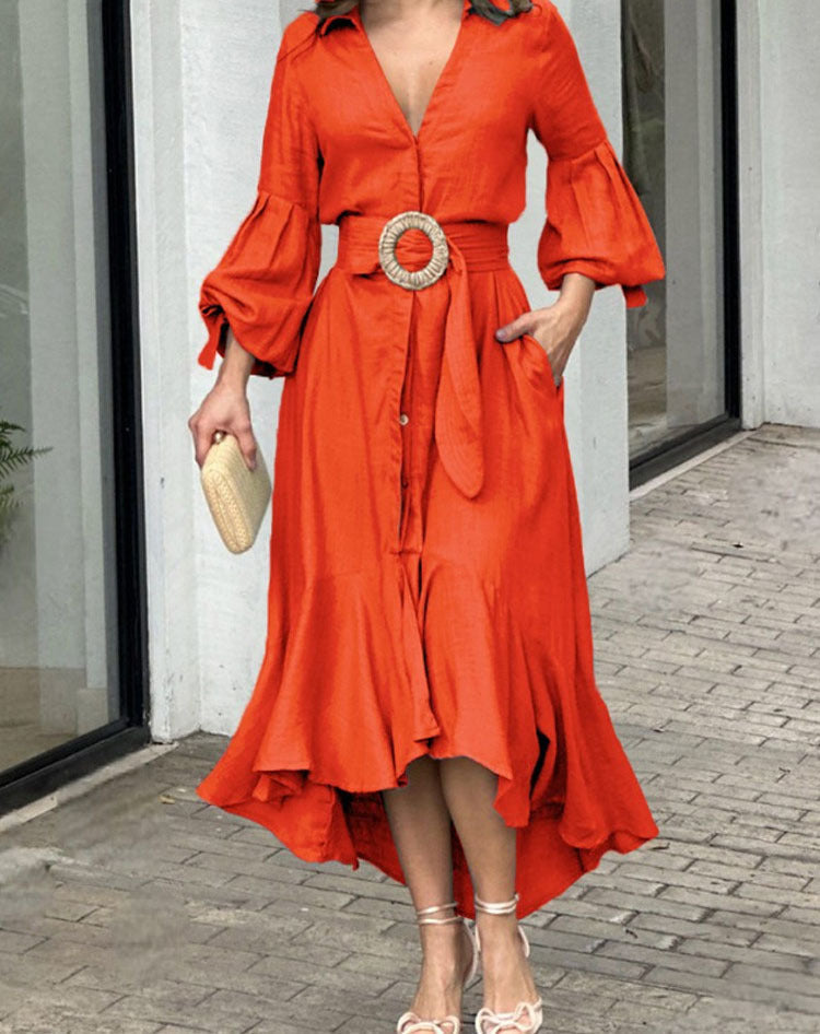 belted ruffle-hem shirt dress – Flwasan