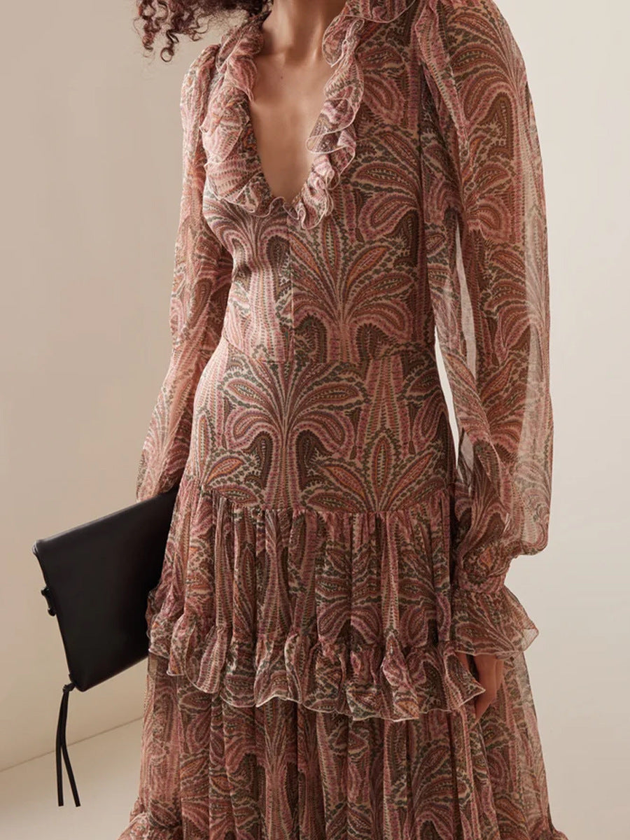 Printed ruffle-tier gown with belt – Gentiana