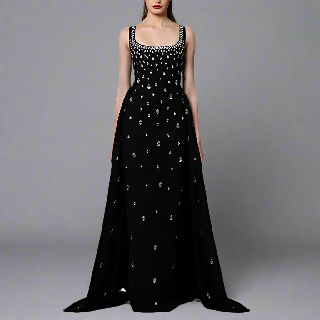 black sleeveless gown with silver teardrop embellishments – Soopy
