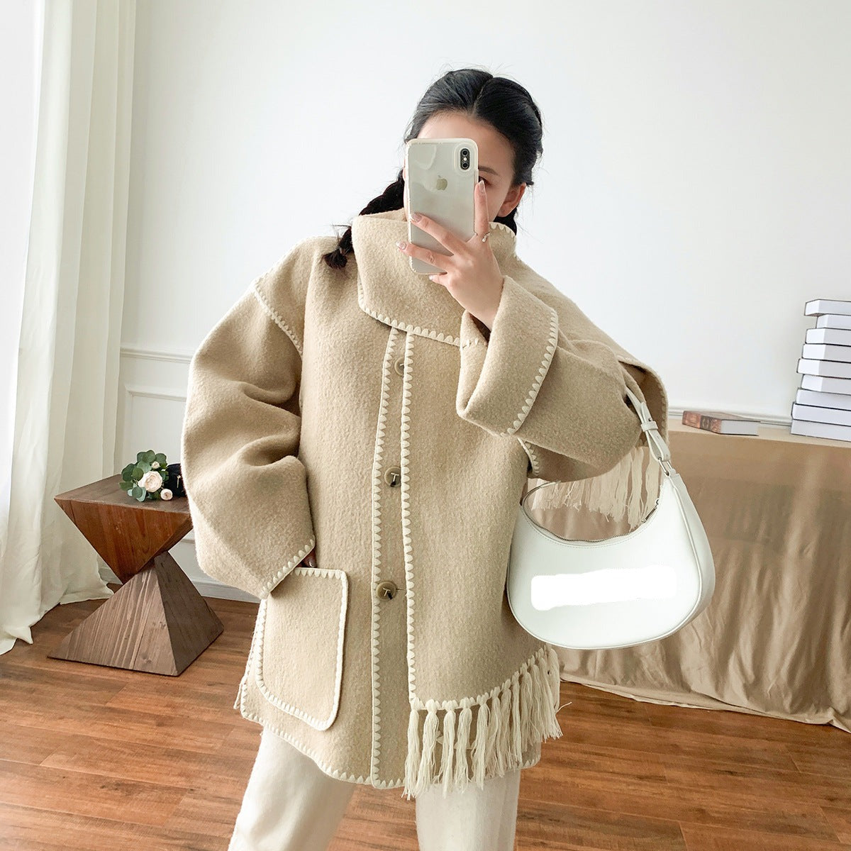 fringed cape jacket with contrast trim – Teghan